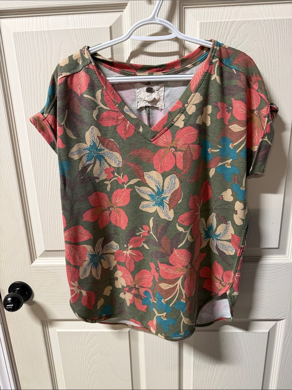 Cupio Olive Floral V-Neck Top with Coral, Cream & Teal Accents